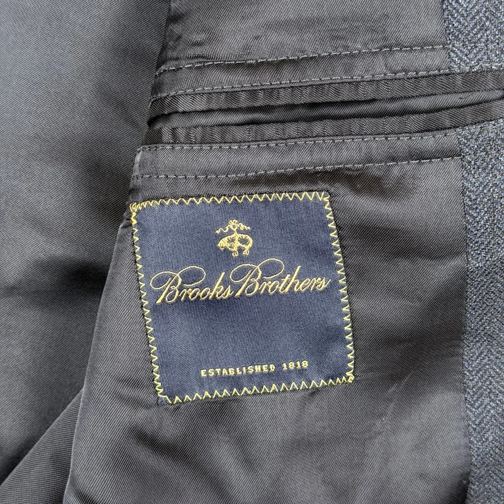 Brooks Brothers Blazer Mens 42R Blue Herringbone Silk Wool Linen Blend Jacket